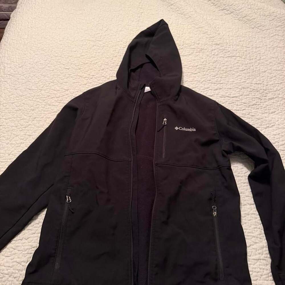 Columbia Softshell Hooded Jacket Size L Black Fleece Lined